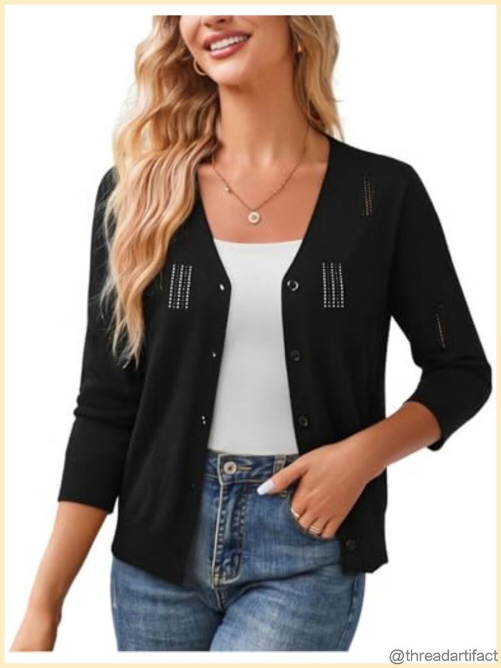 Lightweight Open Front Cardigan 3/4 Sleeve Button Down Knit Sweater